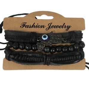 Black Leather Bracelet Set with Blue Evil Eye | 3 PCS Adjustable Bracele…